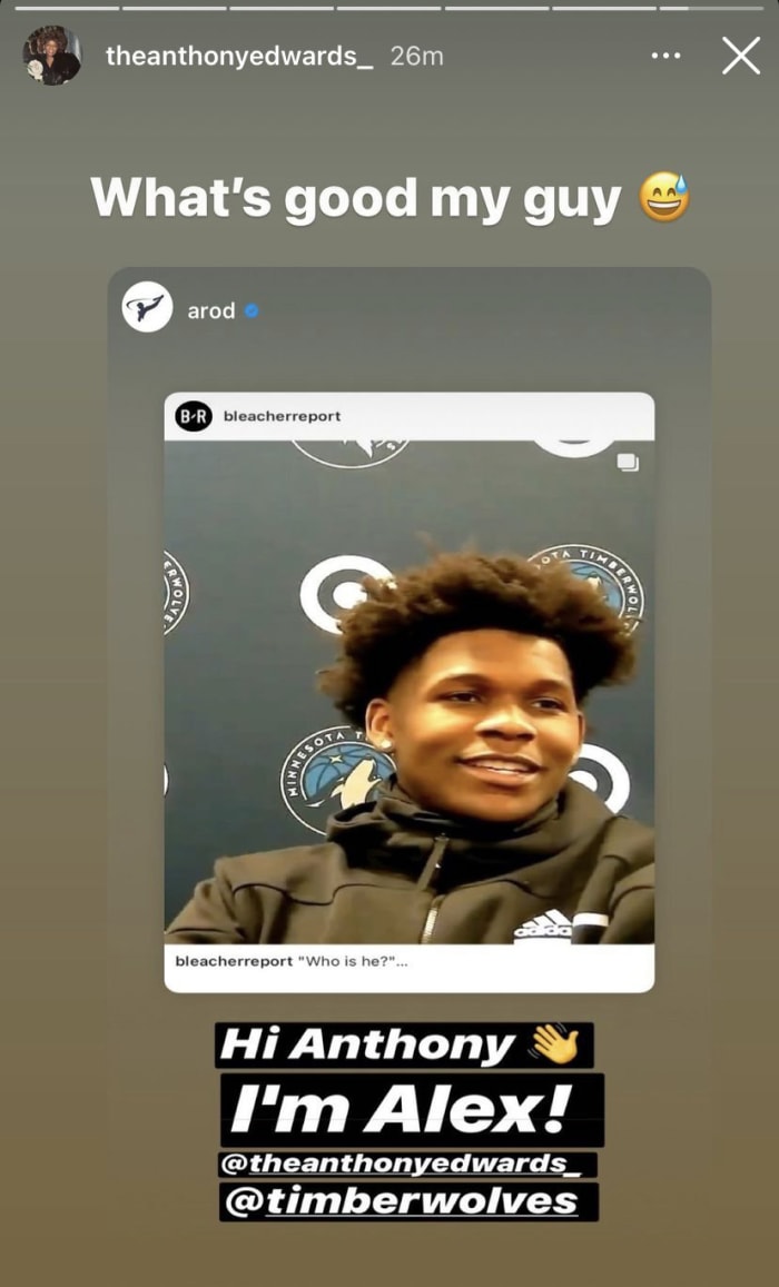 Screenshot of Instagram interaction between Anthony Edwards and Alex Rodriguez